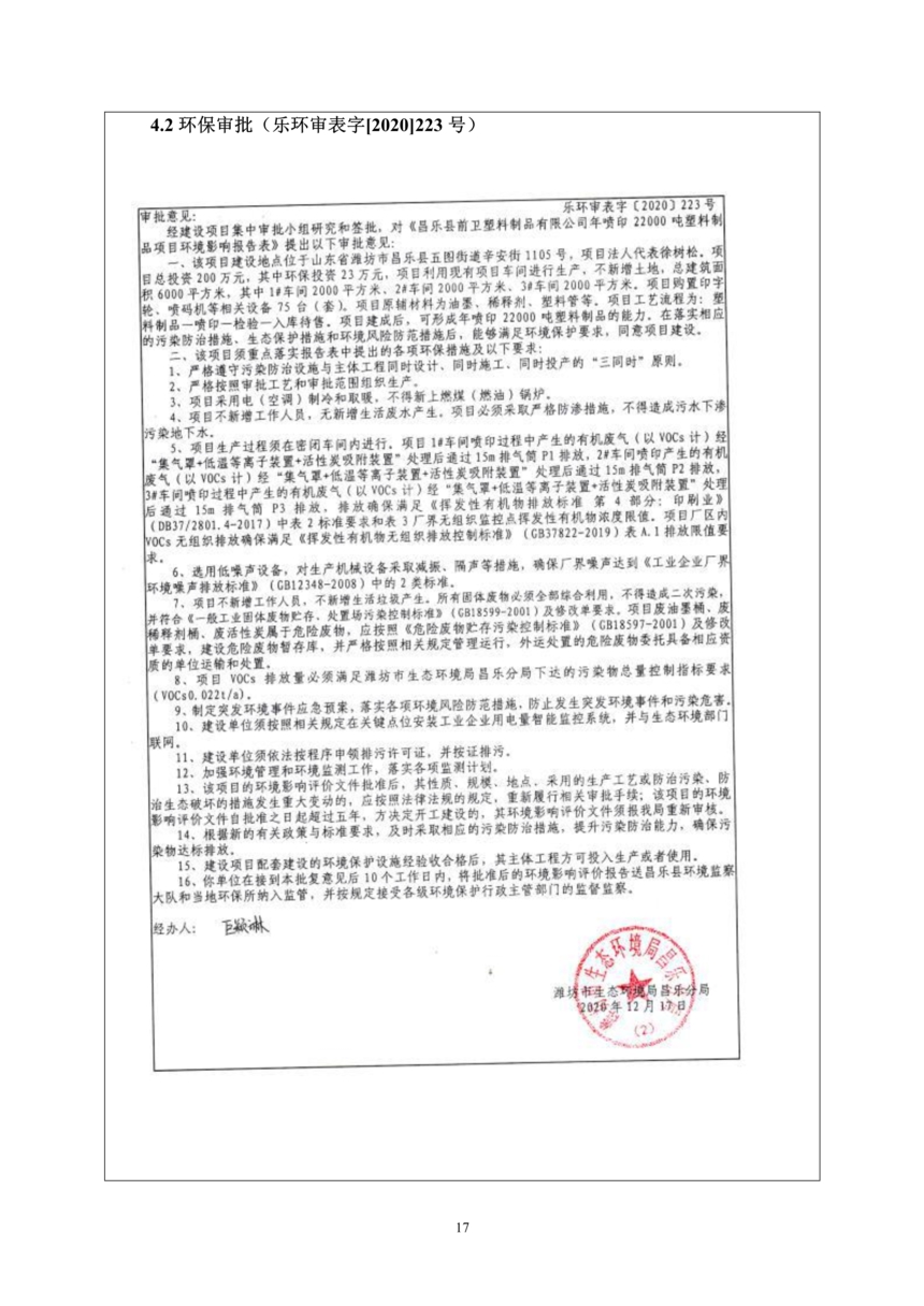 昌樂縣前衛塑料制品有限公司年噴印22000噸塑料制品項目竣工環境保護驗收監測報告表